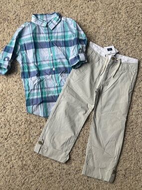 Janie and Jack plaid button down and Khaki pants size 6